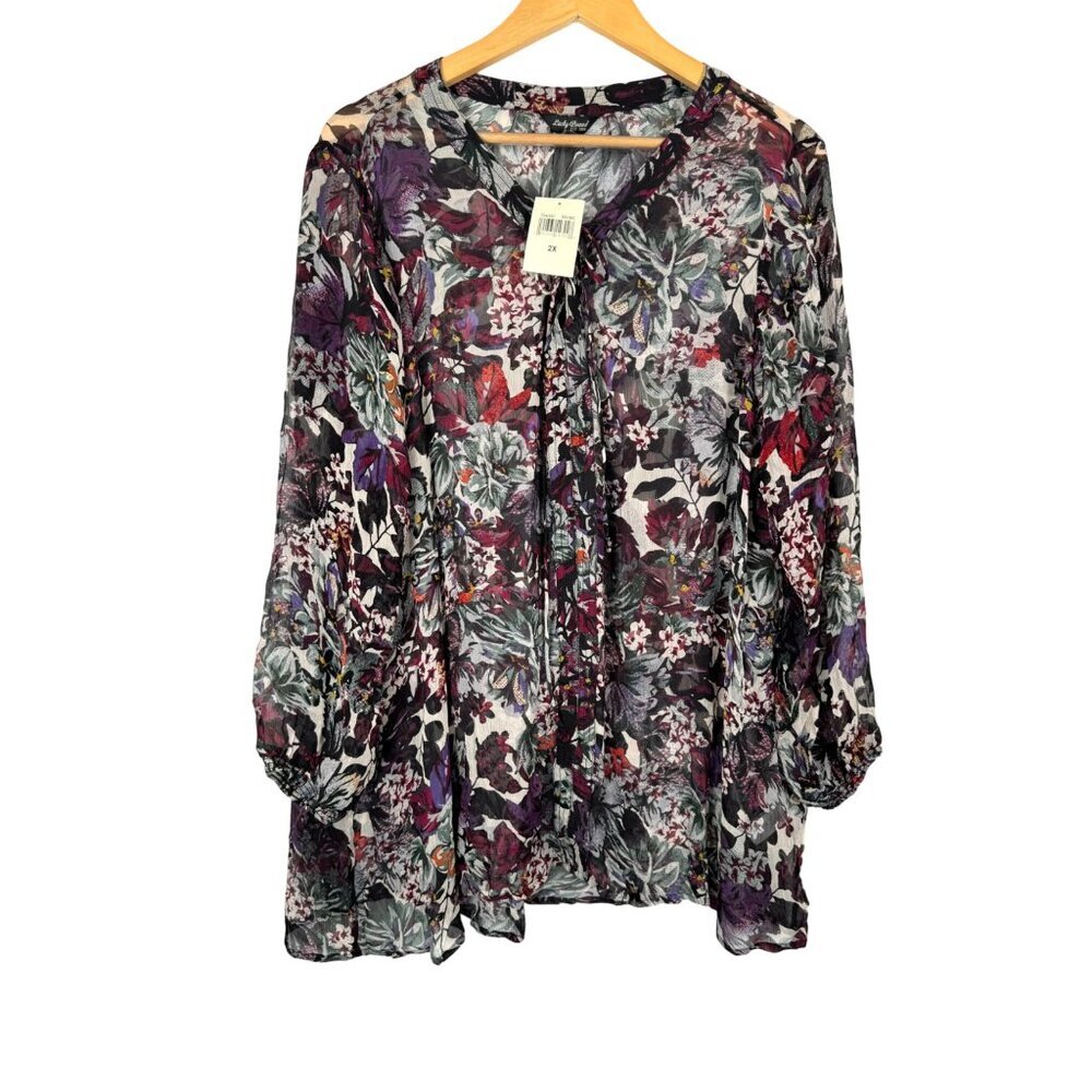 Lucky Brand floral sheer peasant balloon sleeve‎ tunic sz 2X